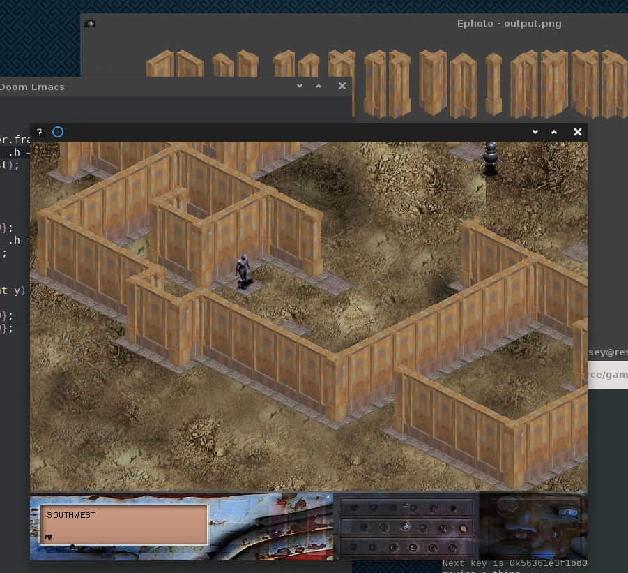screenshot of the isometric engine in action, which is a bunch of walls, a few worker robots, and a random person